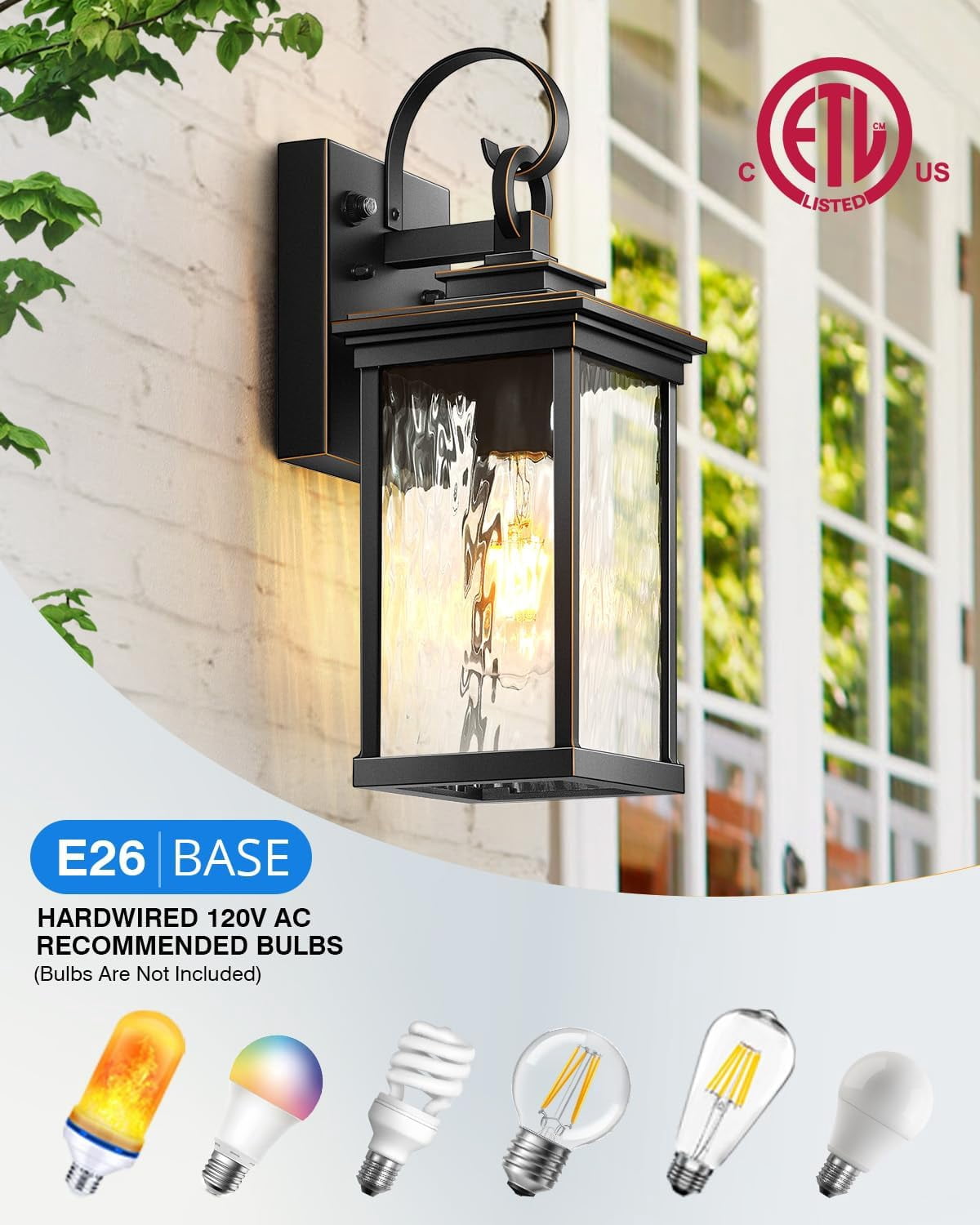 VIANIS Dusk to Dawn Outdoor Wall Lantern, Black Exterior Light Fixtures, Porch Light Wall Mount Lamps Outside Wall Lights for House, Garage Lights Outdoor Wall Sconce Lanterns with Water Ripple Glass