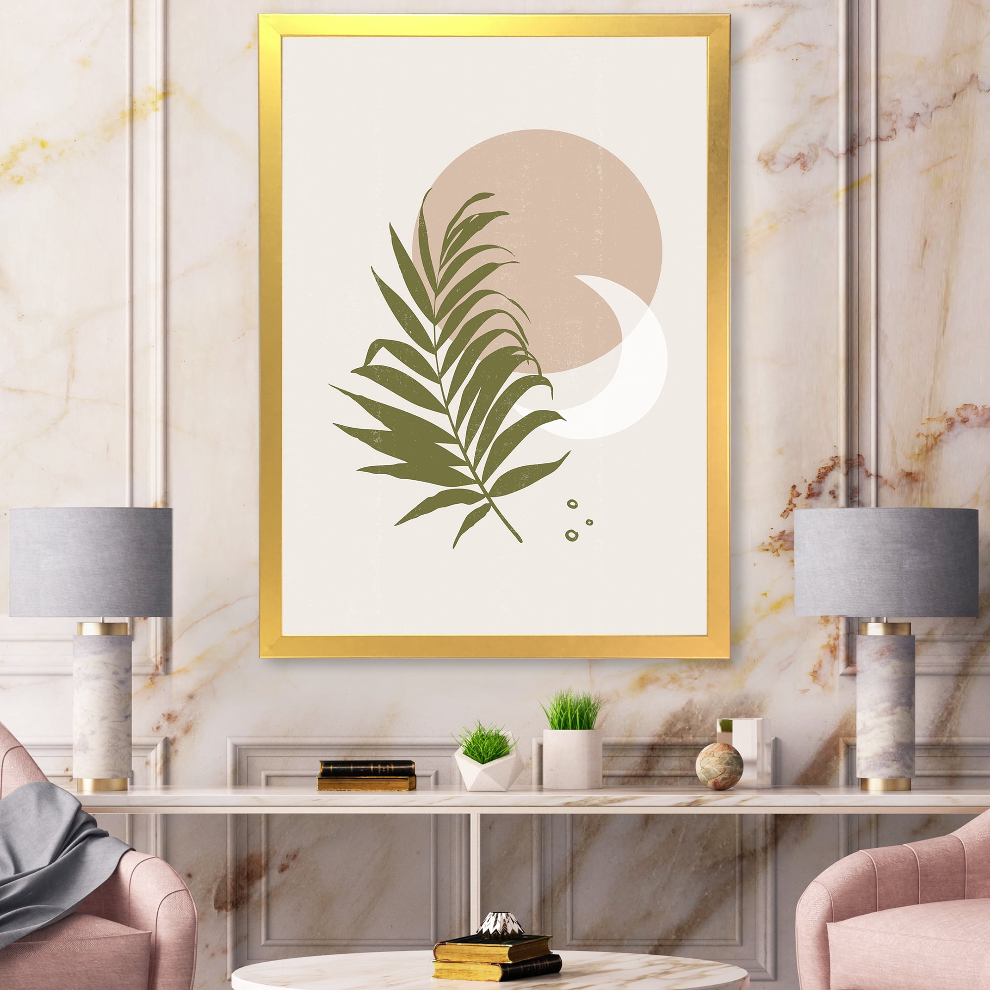 Designart 'Abstract Moon and Sun With Green Leaf II' Modern Framed Art Print