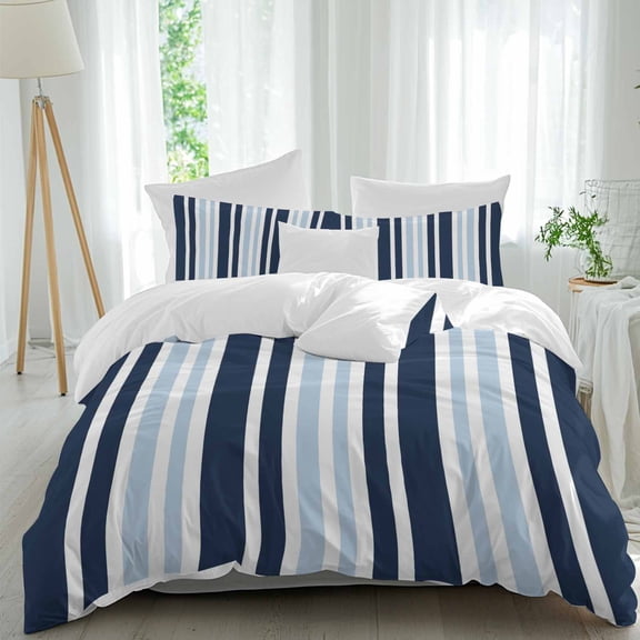3 Piece Navy Blue Duvet Cover Set Twin Size, Microfiber Comforter/Quilt Cover with Corner Ties and 2 Pillowcases, Modern White Geometric Vertical Stripes All Season Soft Bedding with Zipper Closure