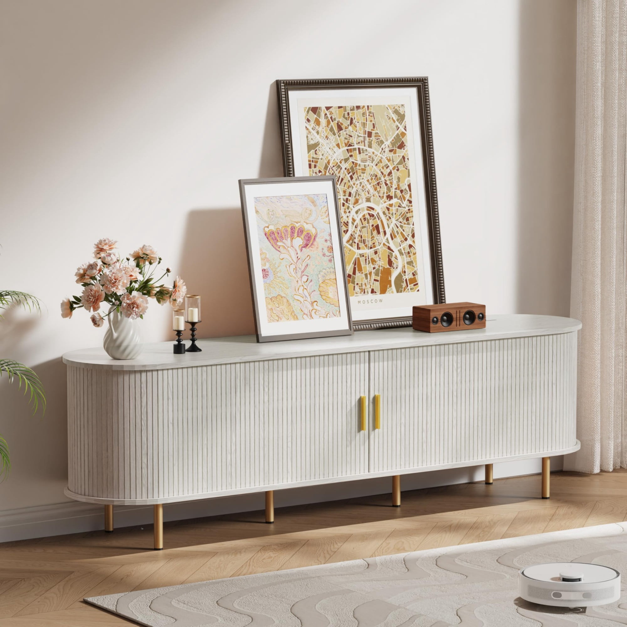 70.8 Inch Mid Century Modern TV Stand with Power Outlet, Fluted Media Console with Sliding Doors for TVs up to 80 Inch, White