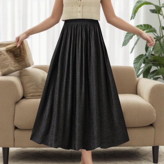 Vedolay Midi Skirt for Womens Summer Casual Flowy Ruffled Hemline Long Skirt,Black One Size