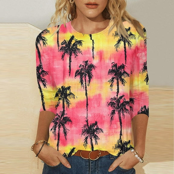 Jsaierl Women's 3/4 Length Sleeve Tops Summer Crew Neck Shirts Fashion Graphic Petite Blouses Classic Cotton Tunic Top S-5XL