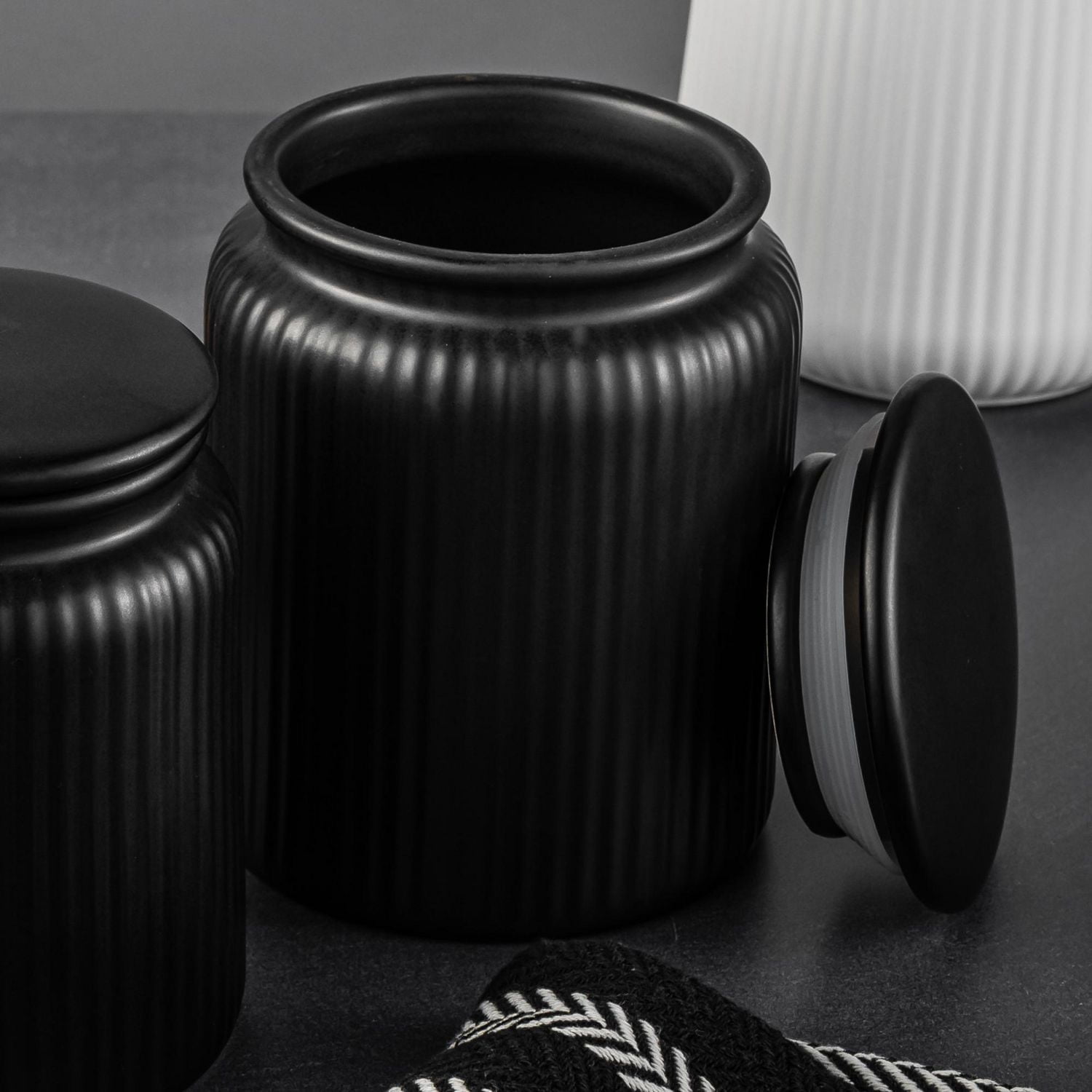Thyme & Table, Medium Ceramic Black Ribbed Kitchen Organization Jar, Black, Canister