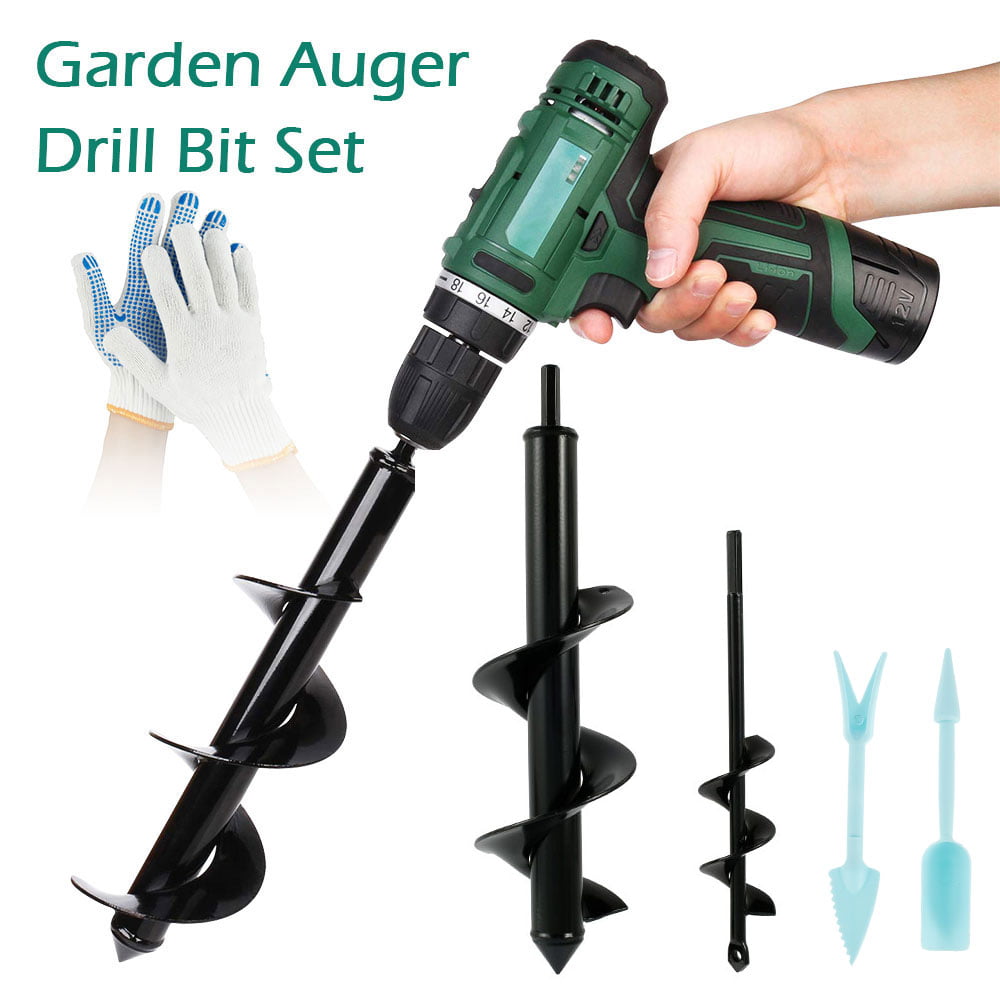 Auger Drill Bit Garden Plant Flower Bulb Auger Rapid Planter with Cut Resistant Gloves for 3/8 Hex Drive Drill Earth Auger Umbrella Hole Digger Drill Fence Post Hole Digger