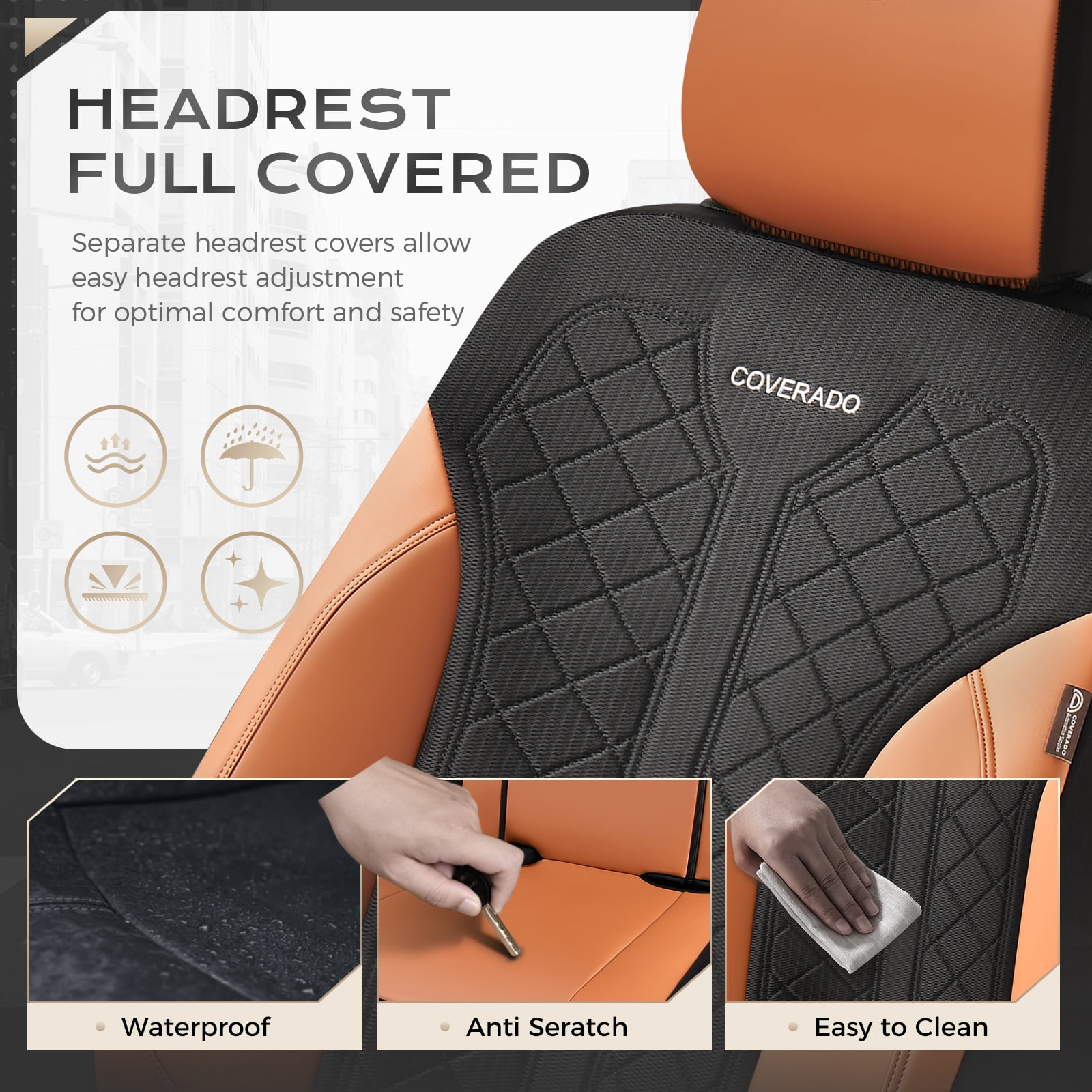 Coverado Car Seat Covers Full Set, Luxury Faux Leather Seat Protectors, Universal Fit for Cars, SUVs, Trucks-Black&Brown