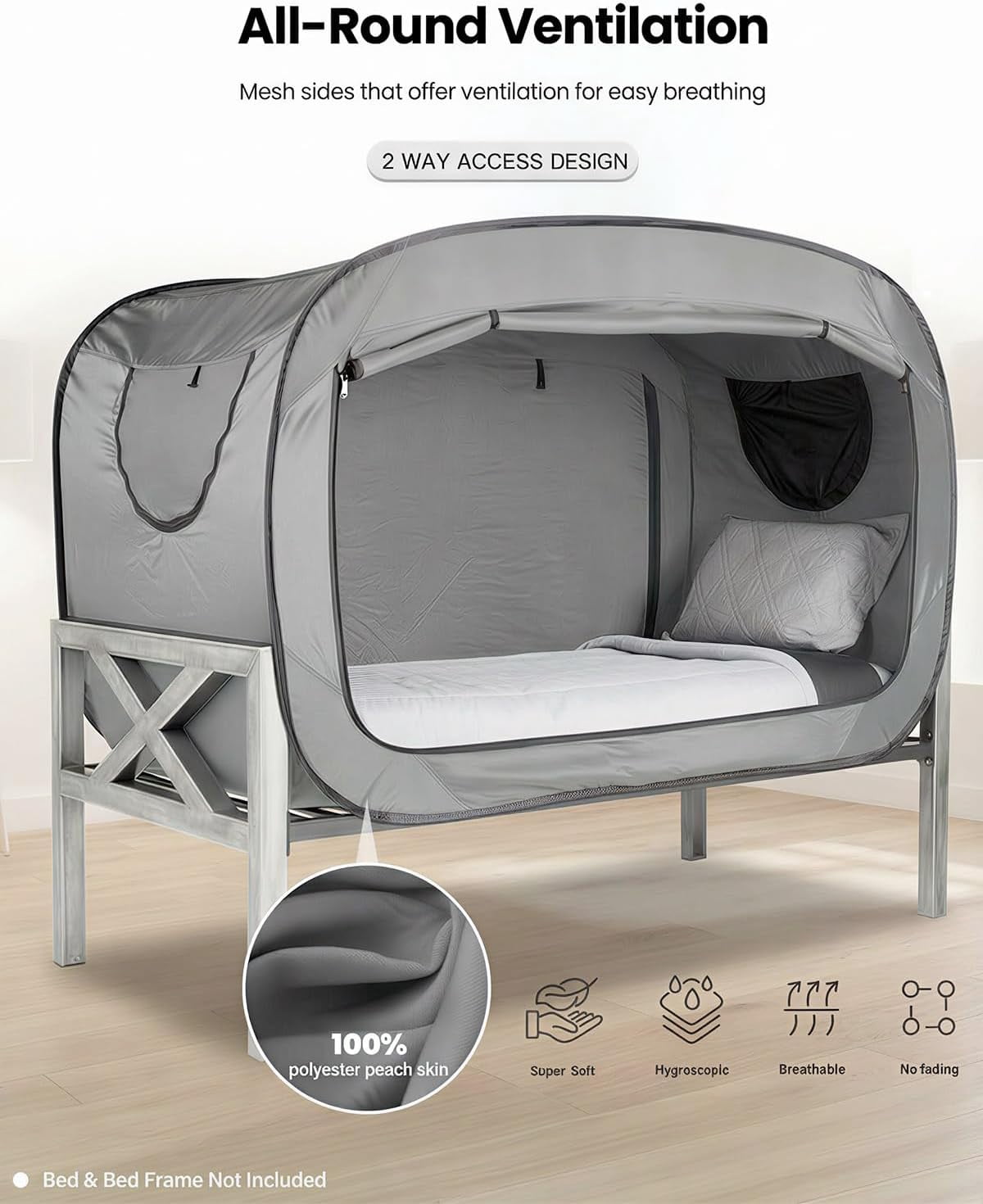 Bed Tent Full Bed Canopy Portable Dream Tent for Adult Indoor Sleeping Tents with 2 Doors Breathable Private Space Tents, Grey