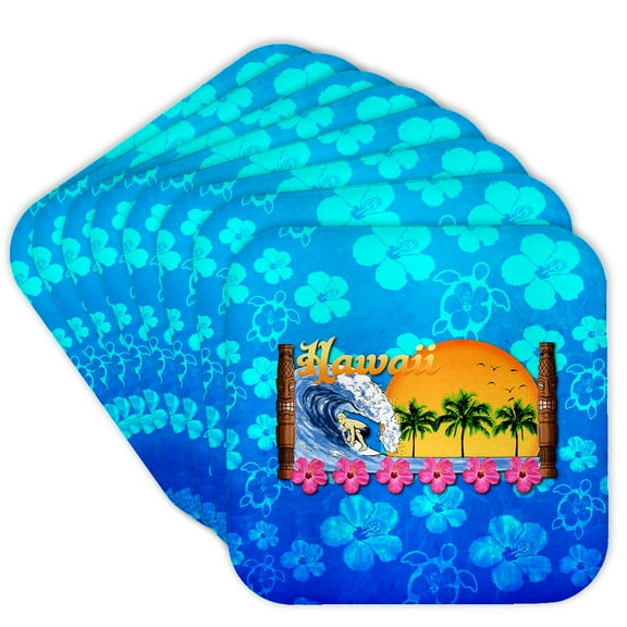 3drose, Surfing in Hawaii with Ocean Blue Island Pattern Background., Set of 8 Coasters - Soft