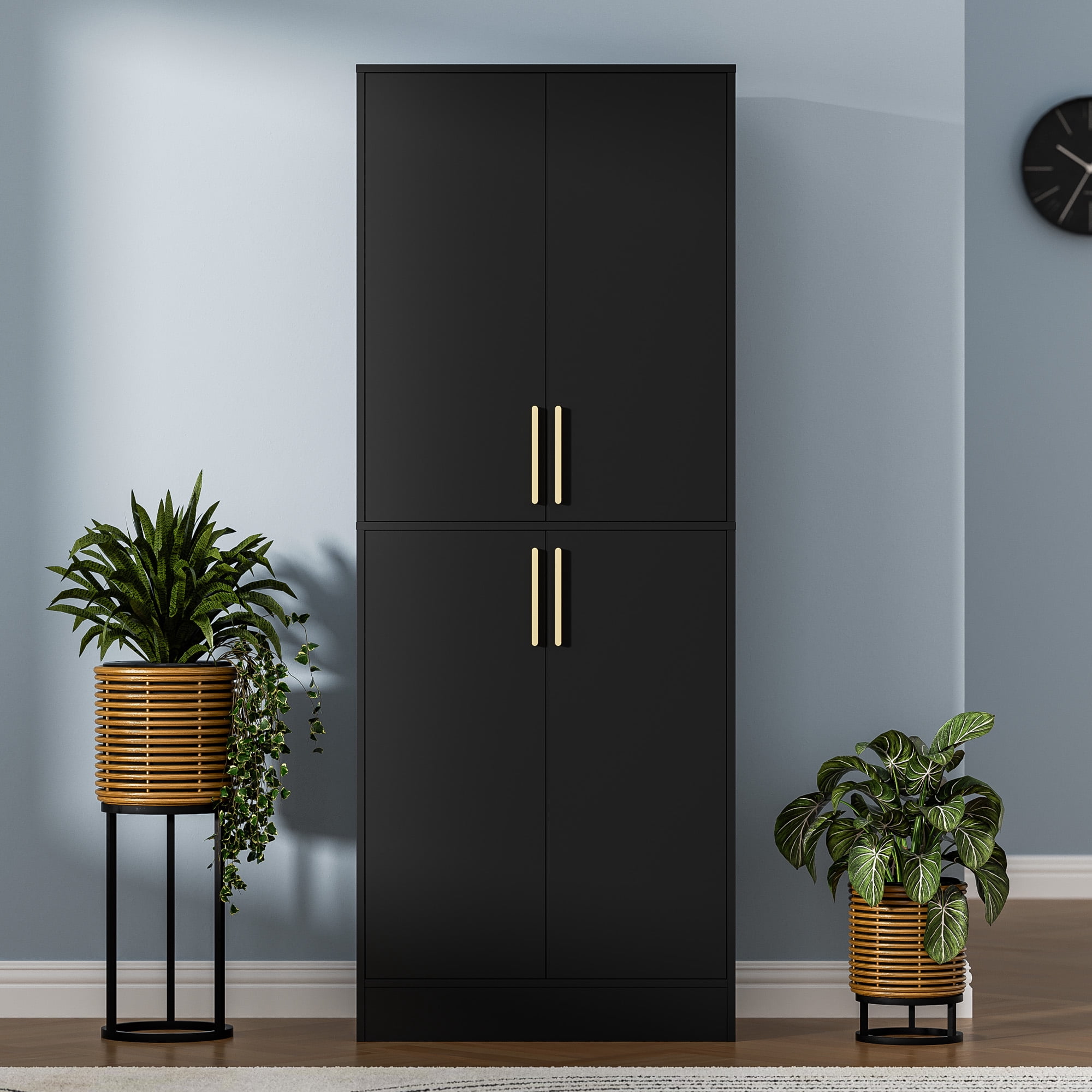 71" Tall Kitchen Pantry Storage Cabinet, Pantry Cabinet with 4 Doors, Freestanding Larder Cupboard, Kitchen Hutch with Gold Handles for Dining Room, Bathroom, Black
