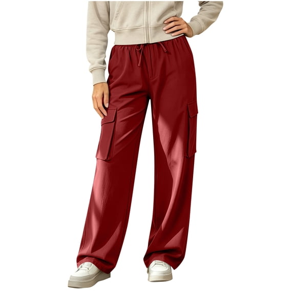 TEAJOPSUU Womens Wide Leg Cargo Pants Twill Drawstring Waist Side Pocket Pants Relaxed Fit Casual Outdoor Trousers for Hiking Everyday Burgundy