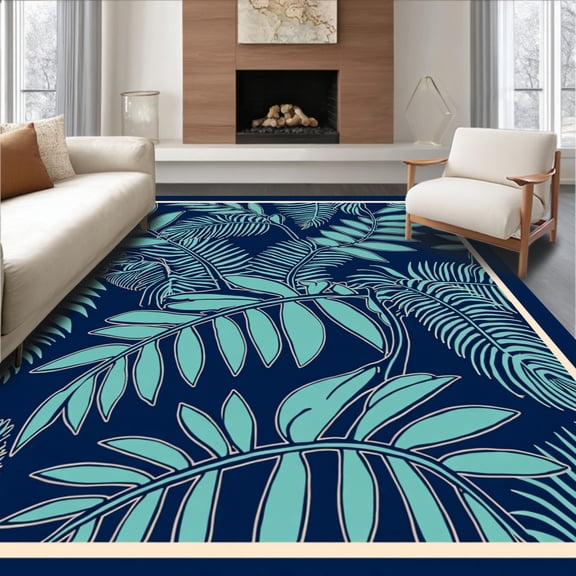 ODIKA 4'x6' Machine Washable Non-Slip Area Rug, Safari Palm Leaf Blue High Traffic Rug, Blue, 296589