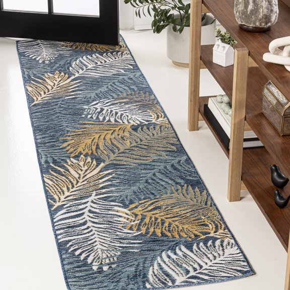 JONATHAN Y SAVANNAH 2 x 8 Runner Rug, Calypso Coastal Palm Frond Machine-Washable Reversible - Cream/Navy, SVH108A-28