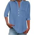 thumbnail image 3 of DDAPJ pyju Cotton Tops for Women 3/4 Sleeve V Neck Linen Shirts Summer Casual Loose Fit Button Up Henley Shirts with Pocket Blue L, 3 of 8