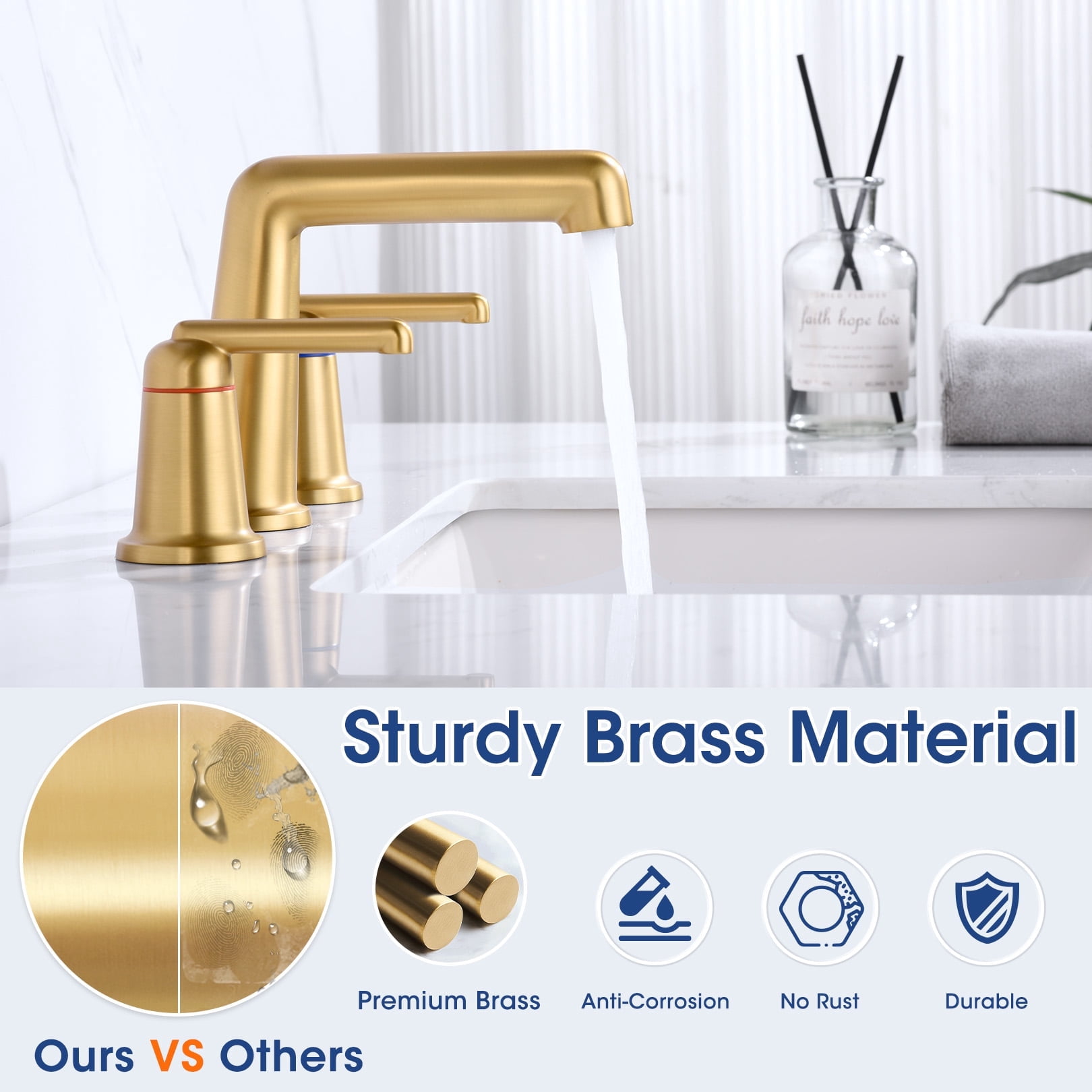 Wowkk 3 Hole Bathroom Faucet 2 Handle Widespread Bathroom Sink Faucet with Pop up Drain and Supply Lines, Brass Vanity Faucet for Rv Farmhouse Lavatory Restroom Sink, Brushed Gold