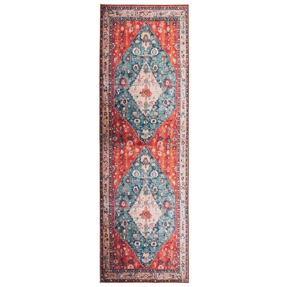 SAFAVIEH Tucson Otis Traditional Machine Washable Runner Rug, Beige/Blue, 2'6" x 20'