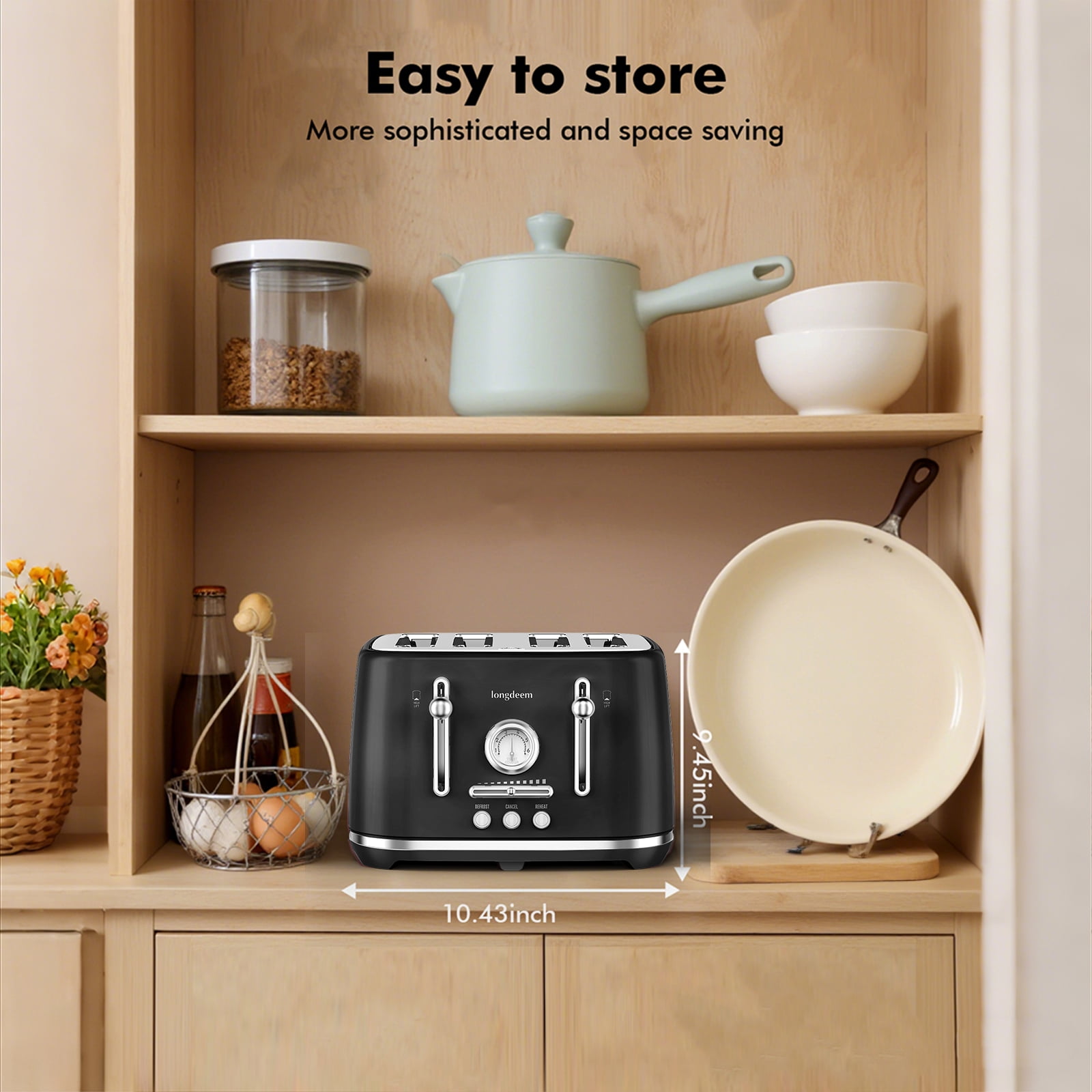 LONGDEEM 4 Slice Toaster - 6 Browning Levels, Wide Slots, High Lift Lever - Black