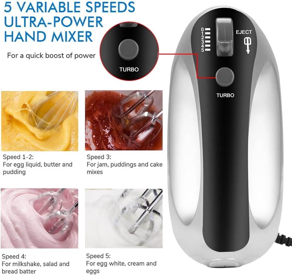 Electric Hand Mixer,300W Electric Egg Beater Hand Mixer Milk Frother Cream Foam Maker Whisk,with 5 Speeds & 6 Stainless Steel Attachments Perfect for Baking & Whisking