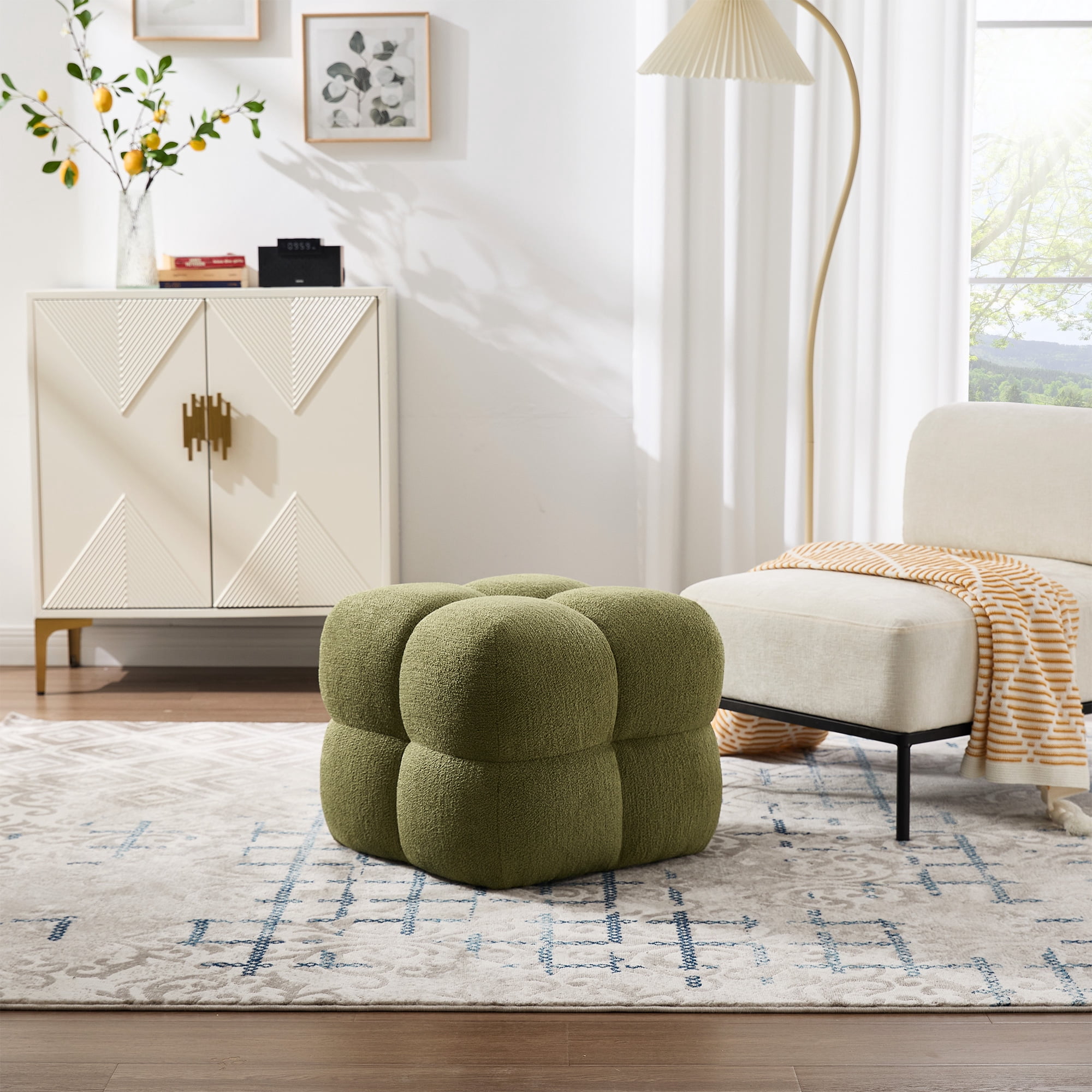 Zesthouse 20.9″ Wide Boucle Ottoman, Modern Foot Stool, Square Upholstered Tufted Ottoman Coffee Table, Extra Seating for Living Room Bedroom, Green
