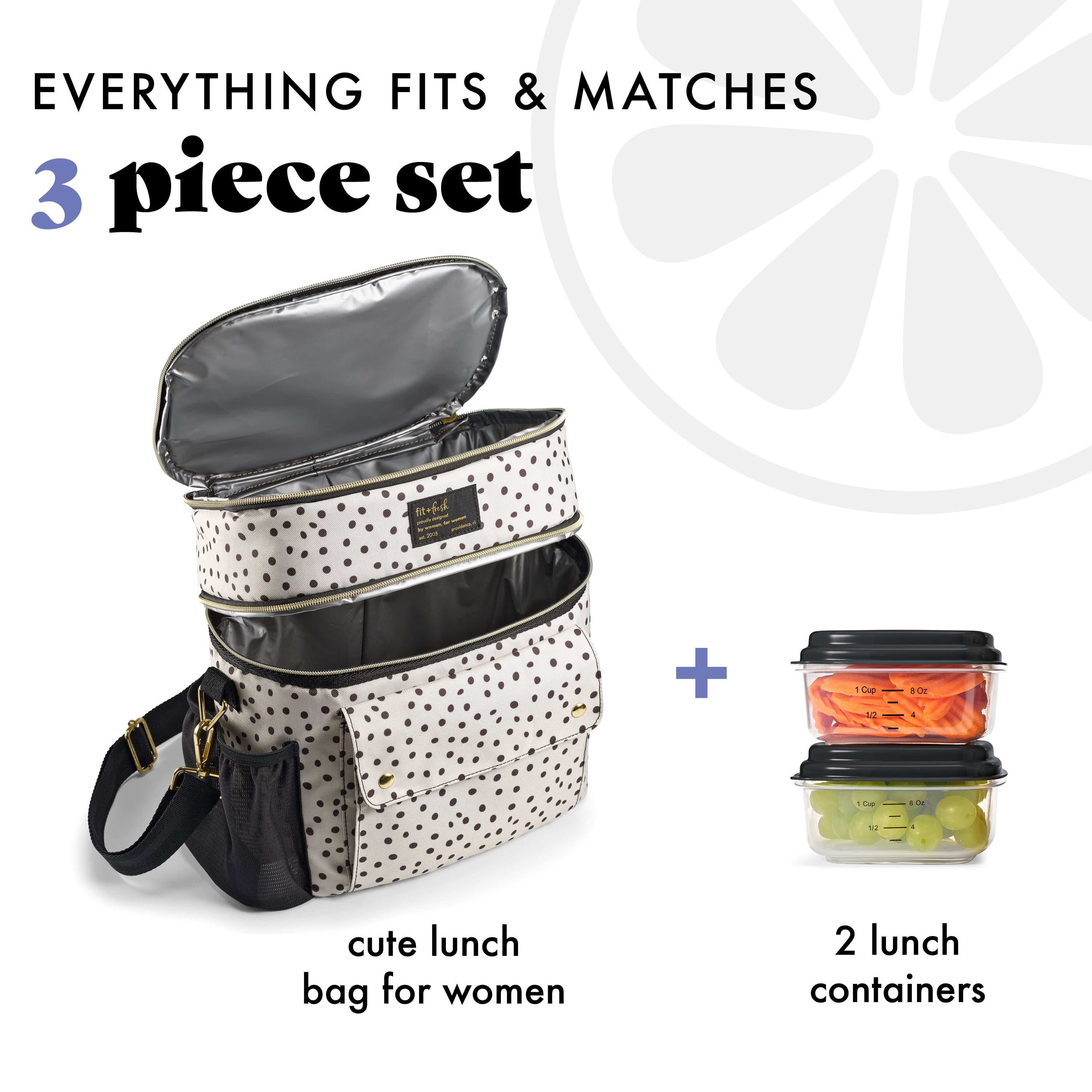 Fit + Fresh Dual Compartment Lunch Bag For Women, Insulated Lunch Box With Containers, B&W Dot