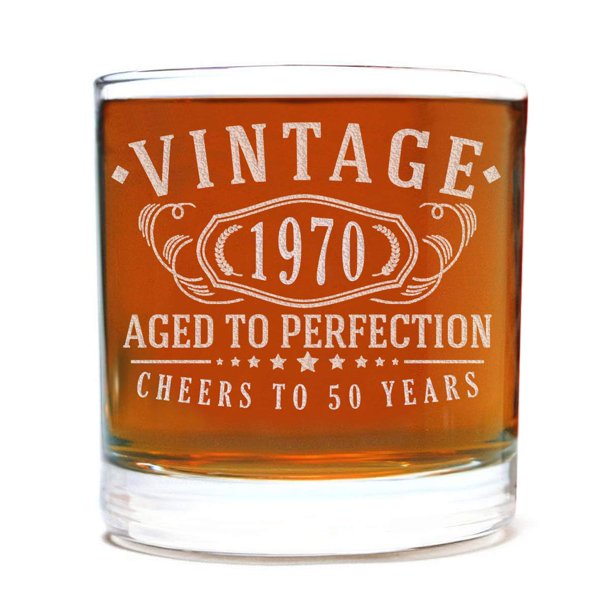 Vintage 1970 Etched 11oz Whiskey Rocks Glass 50th Birthday Aged To Perfection 50 Years Old Gifts Bourbon Scotch Lowball Old Fashioned Walmart Com Walmart Com