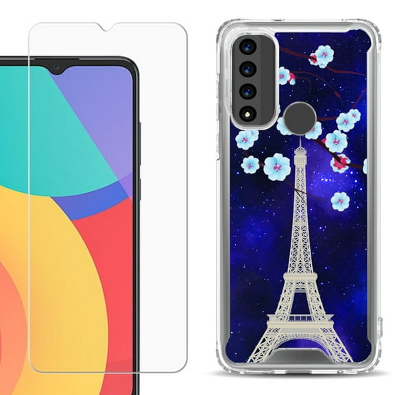 Shockproof Bumper Phone Case for TCL 20 XE, with Tempered Glass Screen Protector, by OneToughShield ® - Eiffel Tower Stars