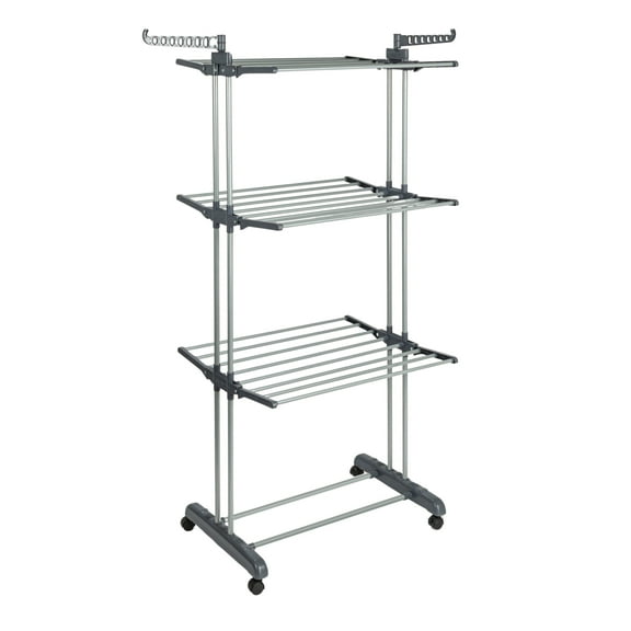 Household Essentials 4 Tier Stainless Steel Laundry Drying Rack with Two Side Wings, Grey