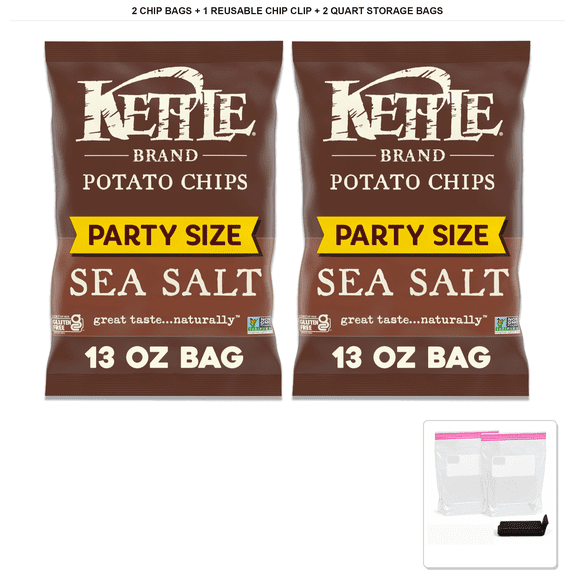 Kettle Brand Foods Sea Salt Potato Chips, 2 Bags x 13 oz   1x Reusable Chip Clip & 2x Quart Resealable Food Storage Bags