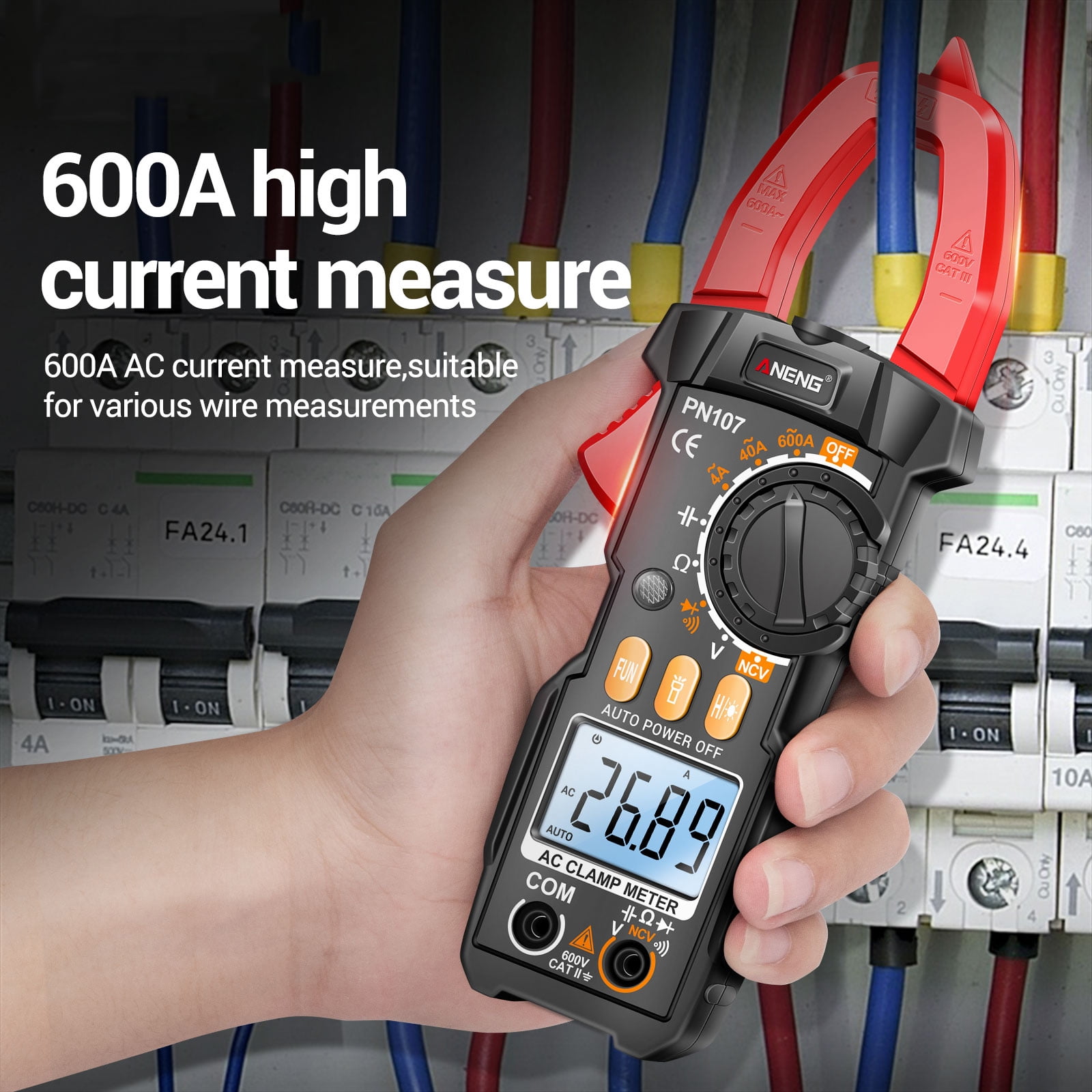ANENG PN107 Digital Clamp Meter CAT II 600V AC Voltage Multimeter Tester 4000 Counts Amp Voltage Tester Measures AC/DC Current AC Voltage Resistance Capacitor Diodes