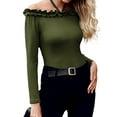 thumbnail image 3 of DYMADE Women Off Shoulder Long Sleeved Slim Fit Ruffled T-shirt, 3 of 4