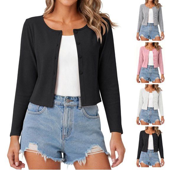 Ashyfjp Womens Tops Casual Ribbed Knit Button Up Cropped Cardigan Round Neck Long Sleeve Lightweight Layering Wear, Size (S-XL)