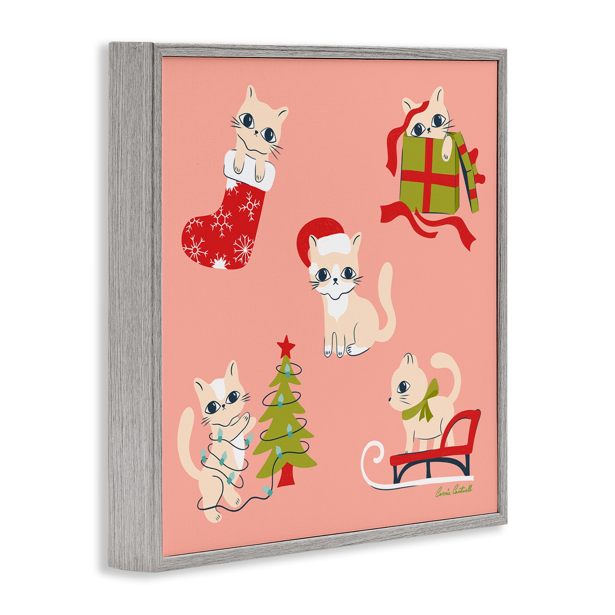 Stupell Industries Festive Cats Cute Holidays Holiday Painting Gray Framed Art Prints Wall Art, 24 x 24