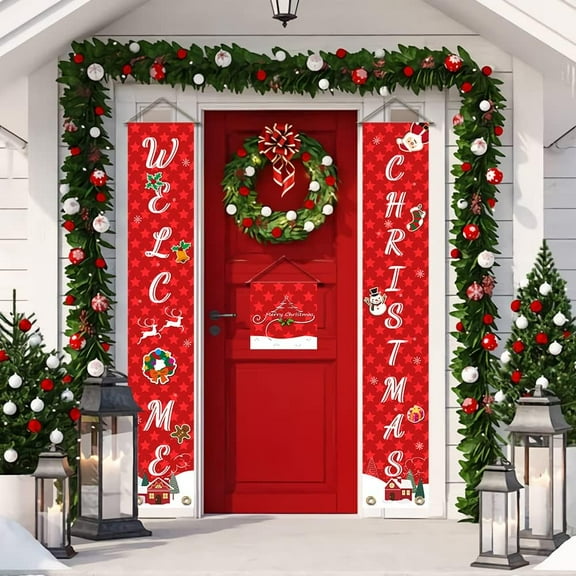 3 Pcs/Set WELCOME CHRISTMAS Banner Door Hanging Banner Hanging Decorations Welcome Couplet Sign Set for Christmas Front Door Decor 70.8x11.8in Red