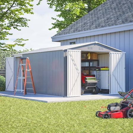 LZBEITEM 10'x14' Outdoor Metal Storage Shed with Floor Frame & Triple Doors, Galvanized Steel Garden Shed, Metal Garden Tool Shed for Backyard Patio Lawn, Gray