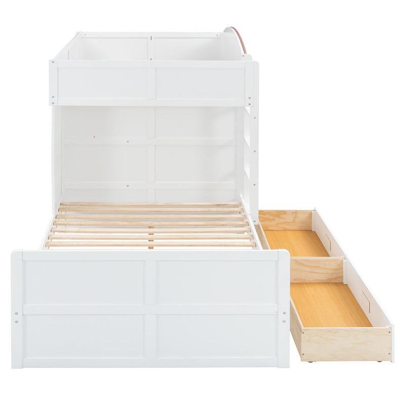 Full-Over-Full Size Offset Bunk Bed with Wardrobe & Built-in Hanging Rod, Storage Kids Bed Frame with 2 Drawers & Guardrail