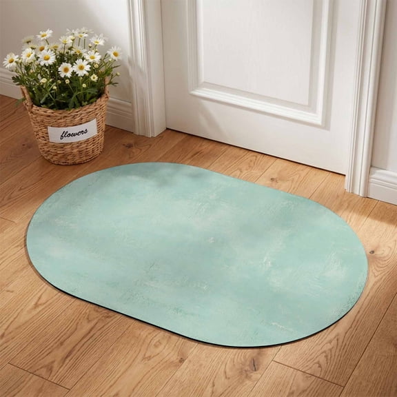 Seafoam Plaster Diatomaceous Earth Bath Mat, Rustic Mint Green Timber Scratch Celadon Texture Oval Non-Slip Quick Dry Door Mat Super Absorbent Bath Rug for Bathroom Kitchen Laundry 24x36in