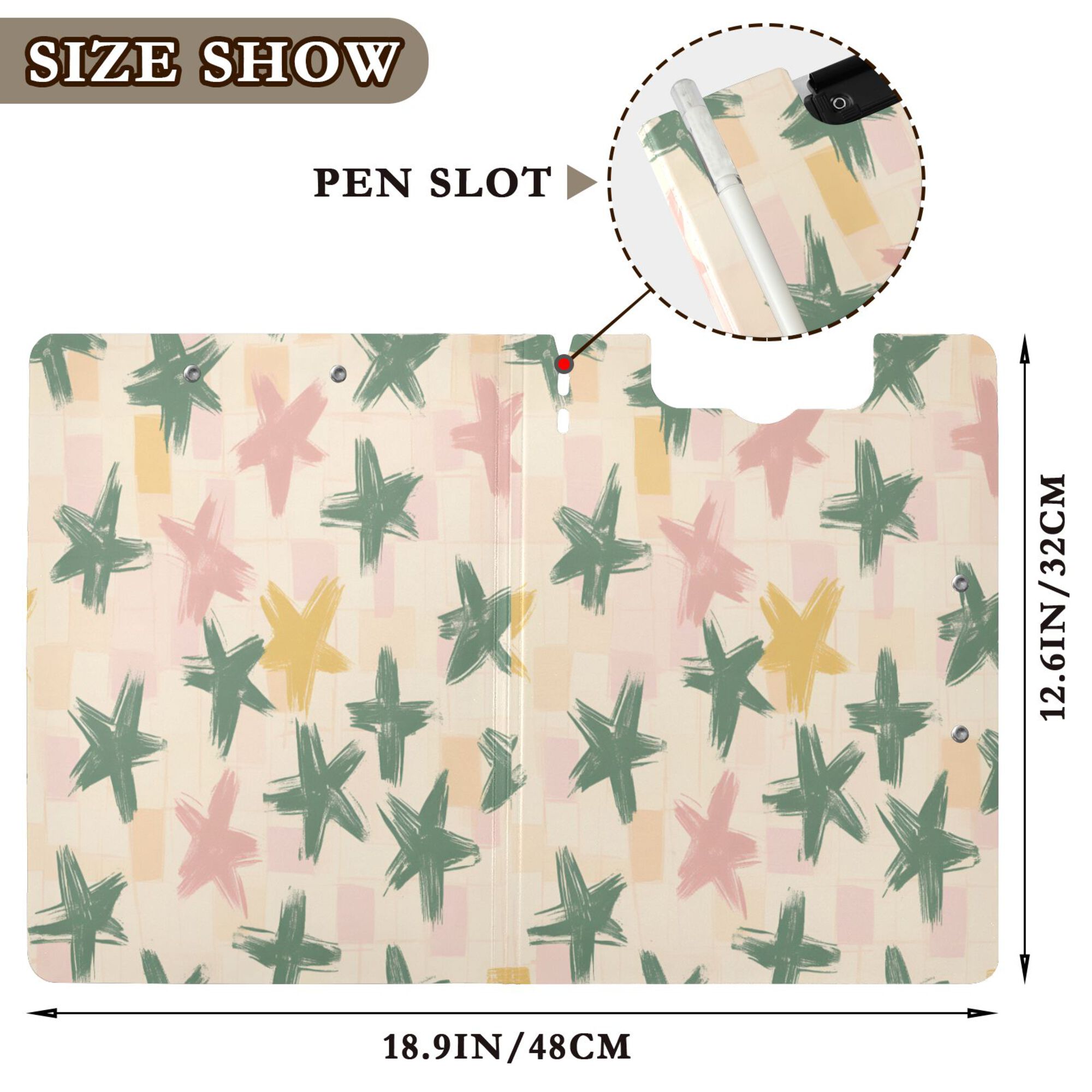 FORMRS A4 Clipboard Folder with Pen Holder Horizontal Foldable School Office Binder, Pastel Pink Stars