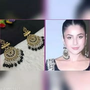 Gold Plated Indian Stunning Black Chandbali Kundan & Pearl Earrings for Women