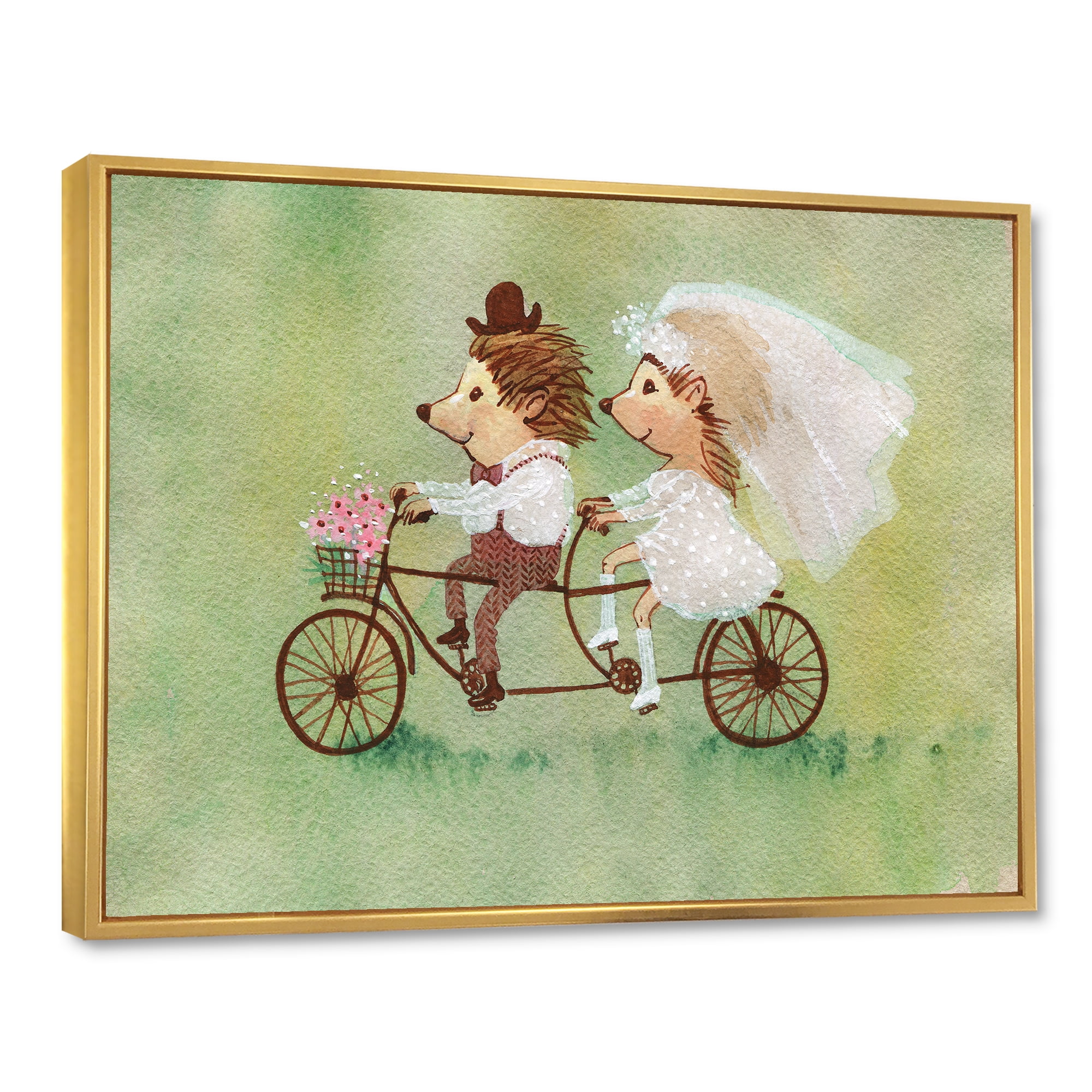 Designart 'Wedding Couple of Hedgehogs Riding A Bike' Traditional Framed Canvas Wall Art Print