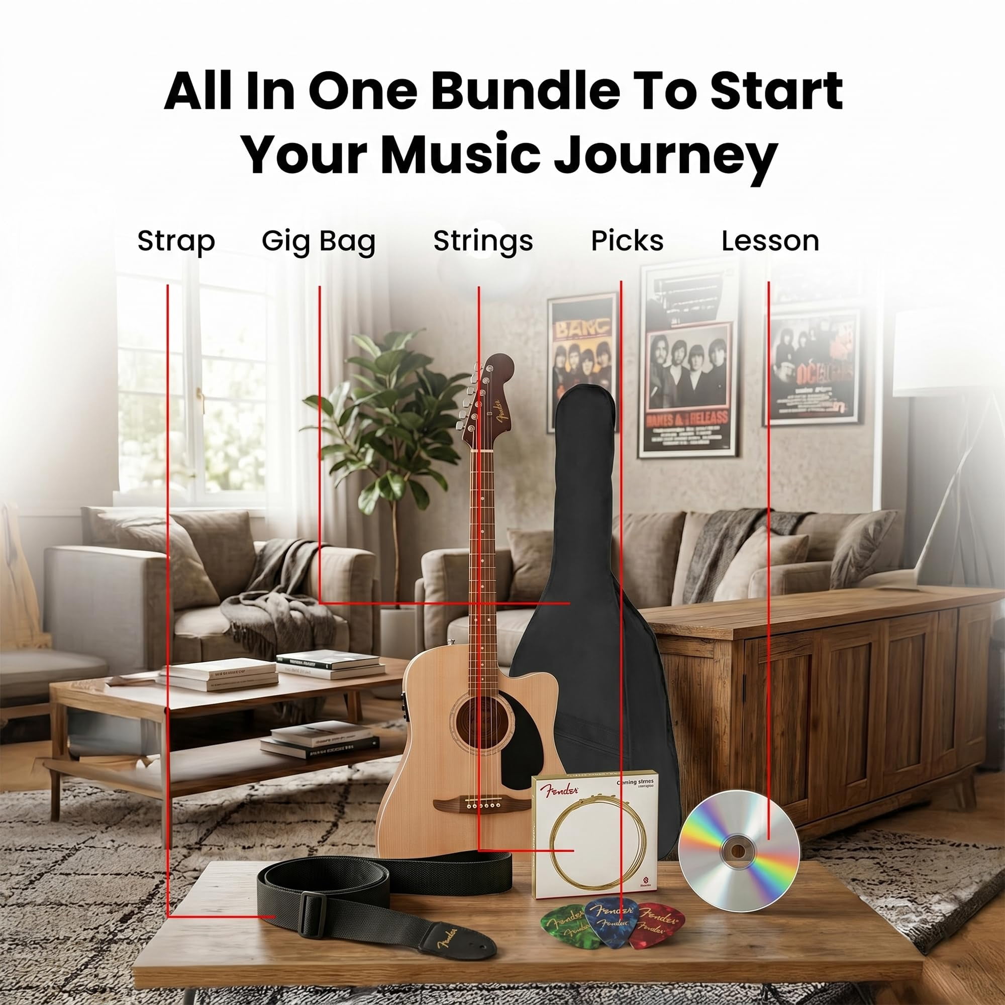 Fender Redondo CE Dreadnought Acoustic-Electric Guitar - Natural Bundle with Gig Bag, Strap, Strings, Picks, and Austin Bazaar Instructional DVD