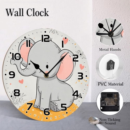 ZXCXRQFa Silent Clocks Cute Baby Elephant Silent Non Ticking Wooden Clock 10 Inch, Round Wall Clock,Decorative for Living Room, Kitchen, Home,Bathroom, Bedroom, Office or School