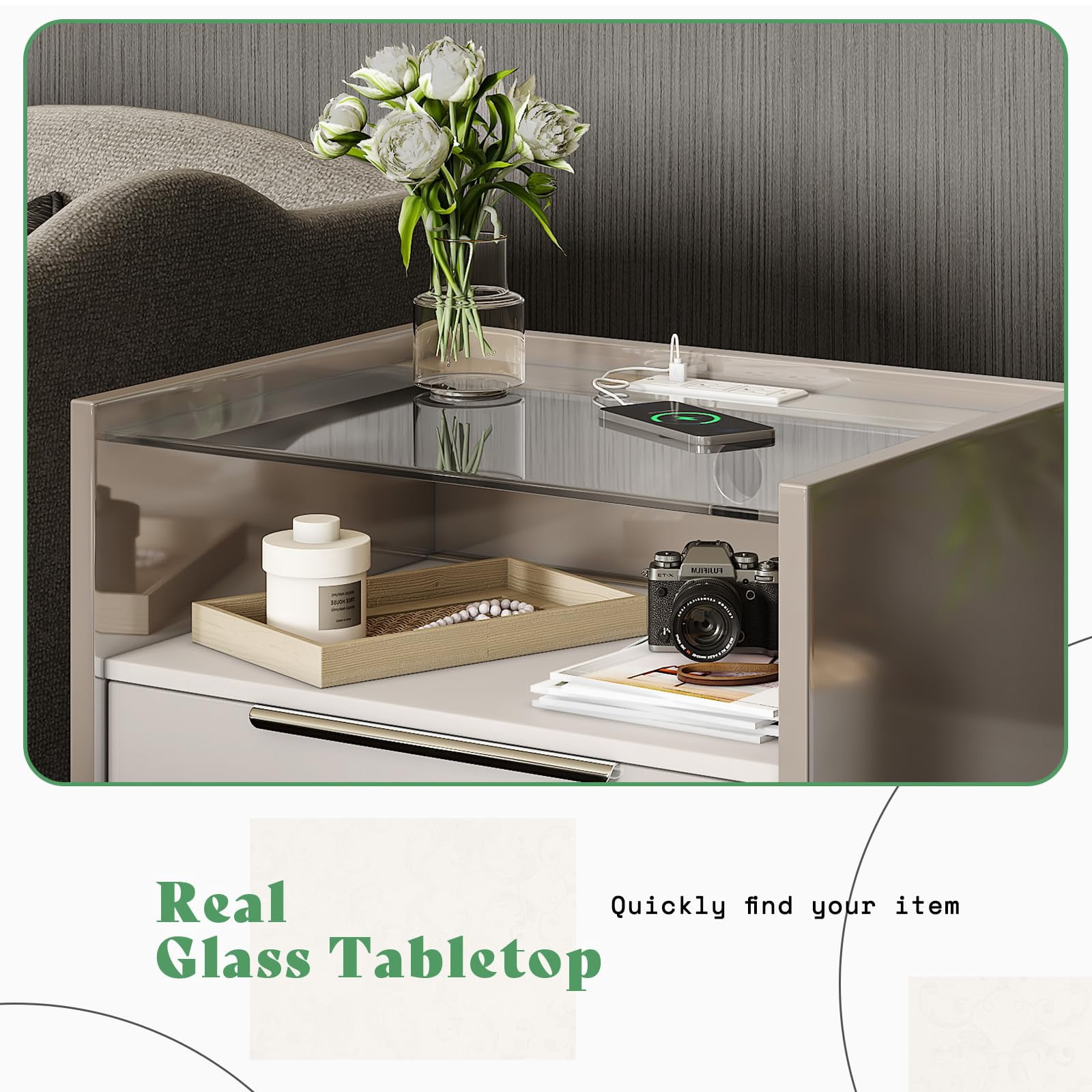 Papajet 23.6" Nightstand High Gloss End Table with Glass Tabletop, Modern Bedside Table with Charging Station, 2 Drawers for Bedroom, Cream & Gray