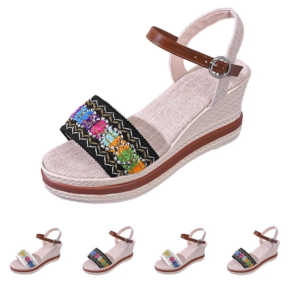 Zynoxe Sandals for Women 2026 Elastic Comfortable Summer Beach Wedge Sandals Fashion Boho Embroidery Sandals Ankle Strap Open Toe Womens Shoes 5.5