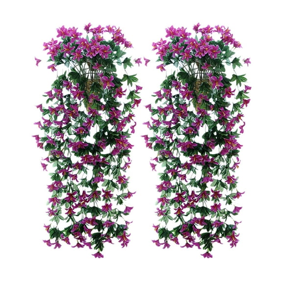 Fmxomd 2PCS Artificial Hanging Flowers, Fake Plastic Faux Hanging Plants Lilys Vines for Indoor Outdoor Garden Porch Wedding Wall Décor(Hot Pink)