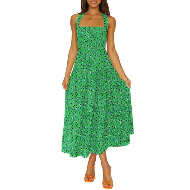 VISgogo - Vestido sin mangas para mujer, color sólido/estampado, busto fruncido, escote cuadrado, espalda abierta VISgogo moda