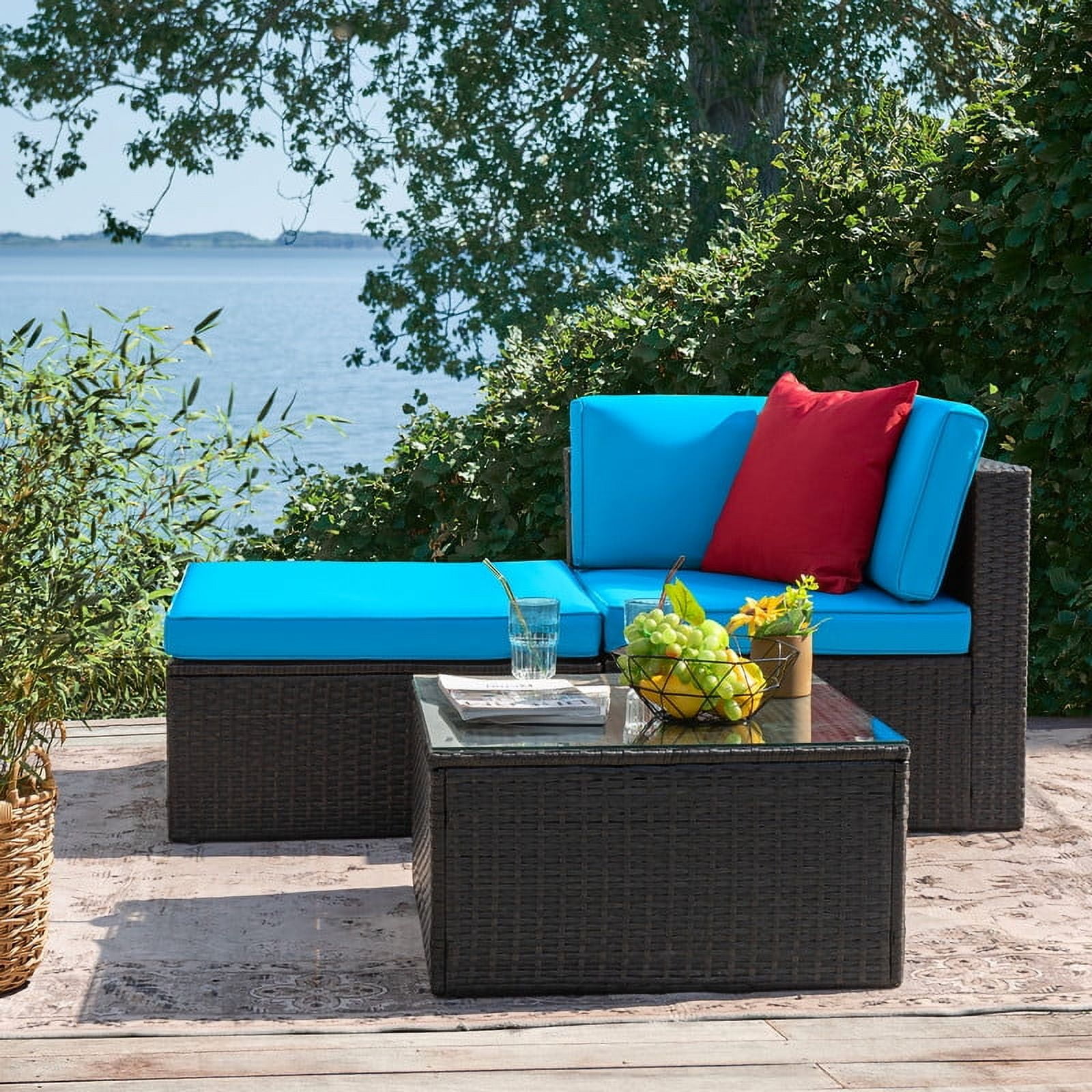 Devoko Outdoor Sectional Sofa PE Rattan Patio Furniture Sets with Cushions and Table,Blue