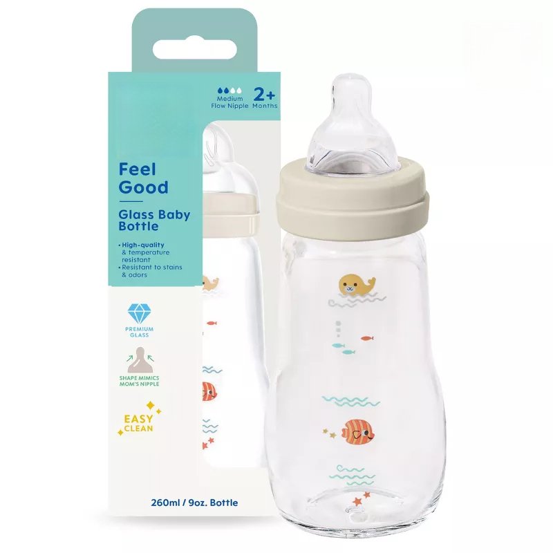Feel Good Glass Baby Bottle, Cream, 9 fl oz, BPA-Free Infant Feeding Bottle with Glass Construction, Soft Silicone Nipple, Reusable Baby Bottle, Easy-Clean Design for Newborns and Infants