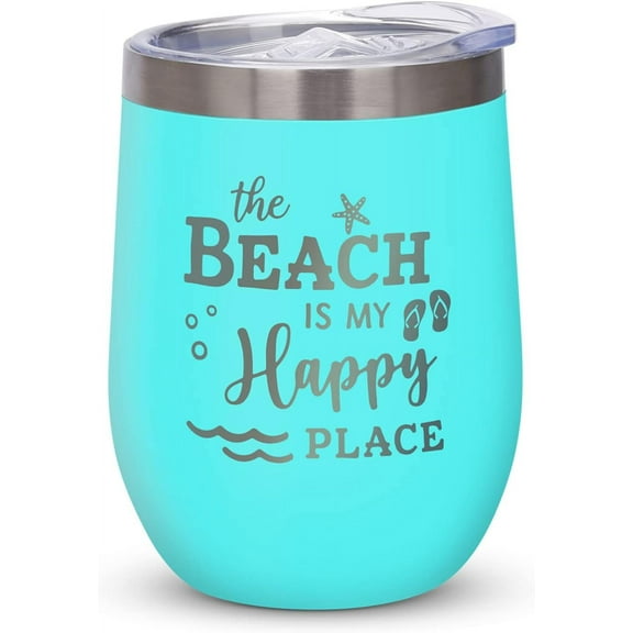 Beach Gifts for Women - Beach Insulated Tumbler with Lid and Straw, Beach Themed Gifts Ideas - Beach Is My Happy Place Wine Tumbler,Ocean Theme Gifts for A Beach Lovers,12 Oz Beach cup Teal