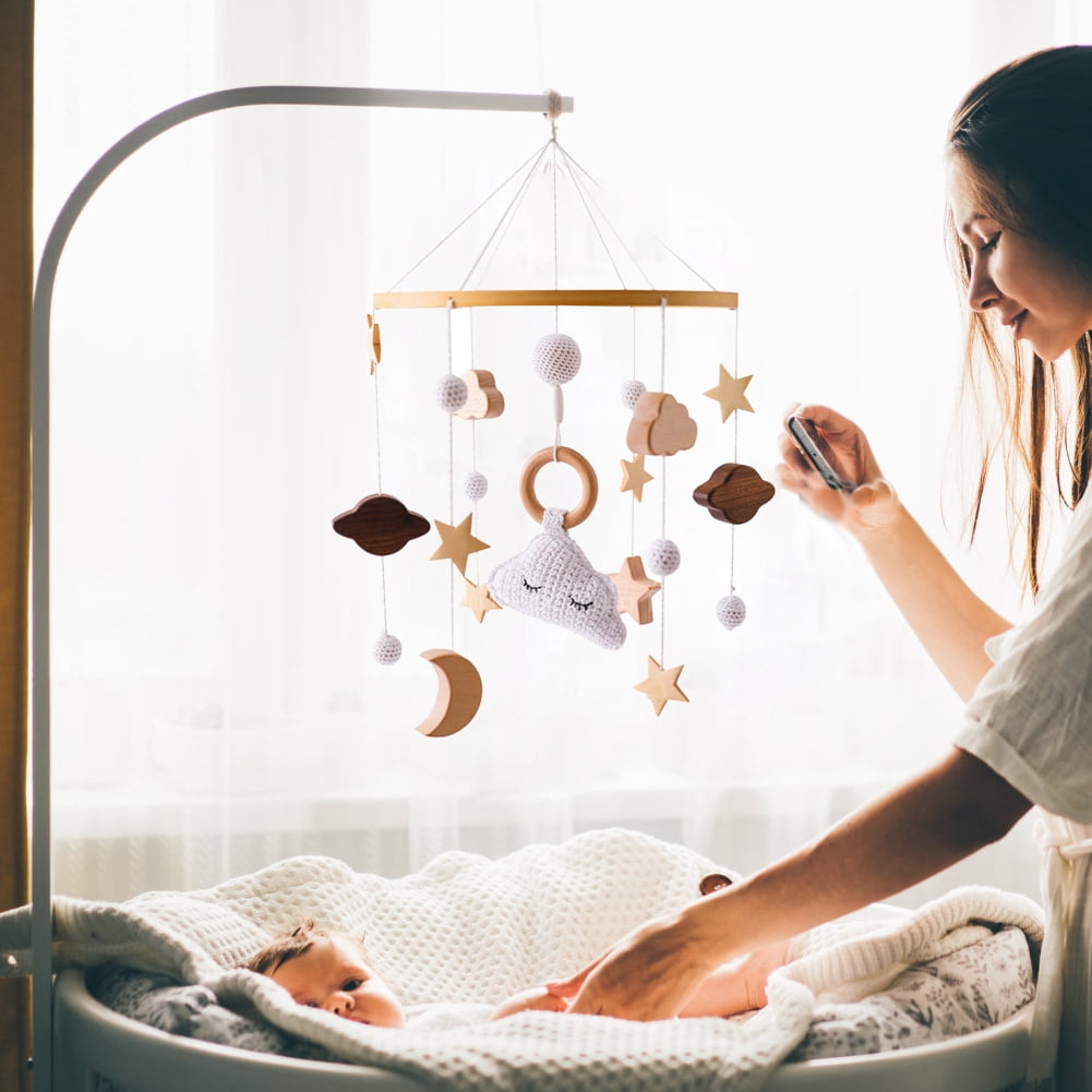 Baby Crib Mobile with Wooden Wind Chimes, Crochet Star Moon Cloud Hanging Bed Bell for Newborn Sleep Soothing, Rotating Crib Decoration