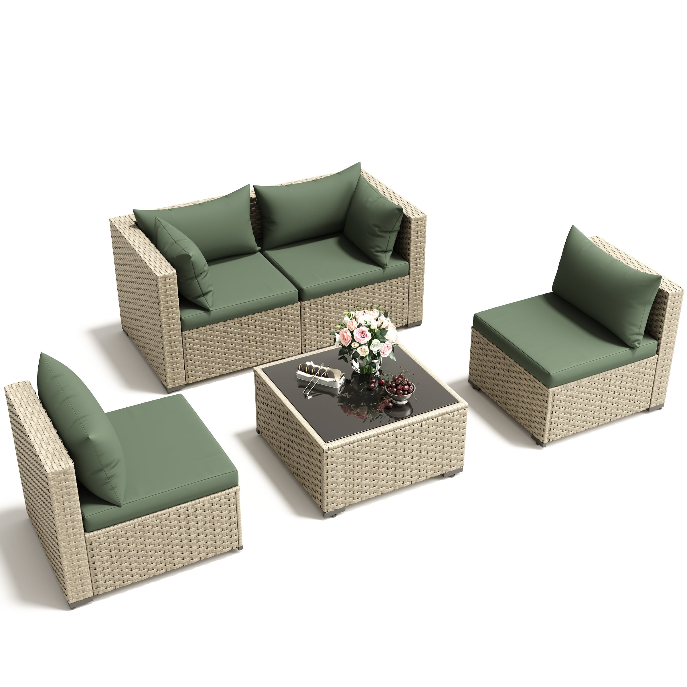 POTEBAN 5 Pieces Outdoor Sectional Conversation Sets with Sofa and Table, Grey Rattan Wicker Sofa Set with Cushions for Backyard, Green