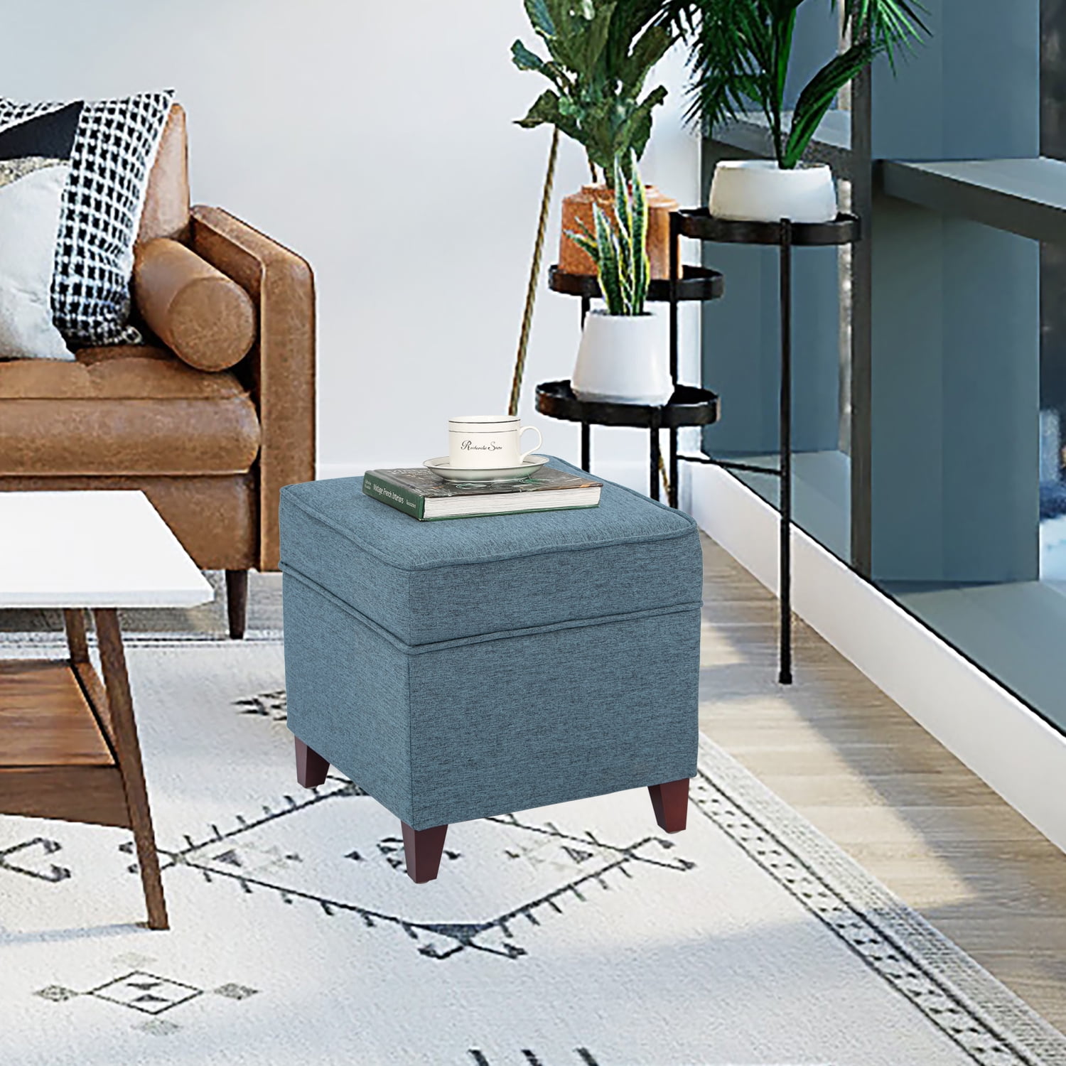 Homebeez 17.9'' Square Fabric Storage Ottoman Foot Rest (Turquoise Blue