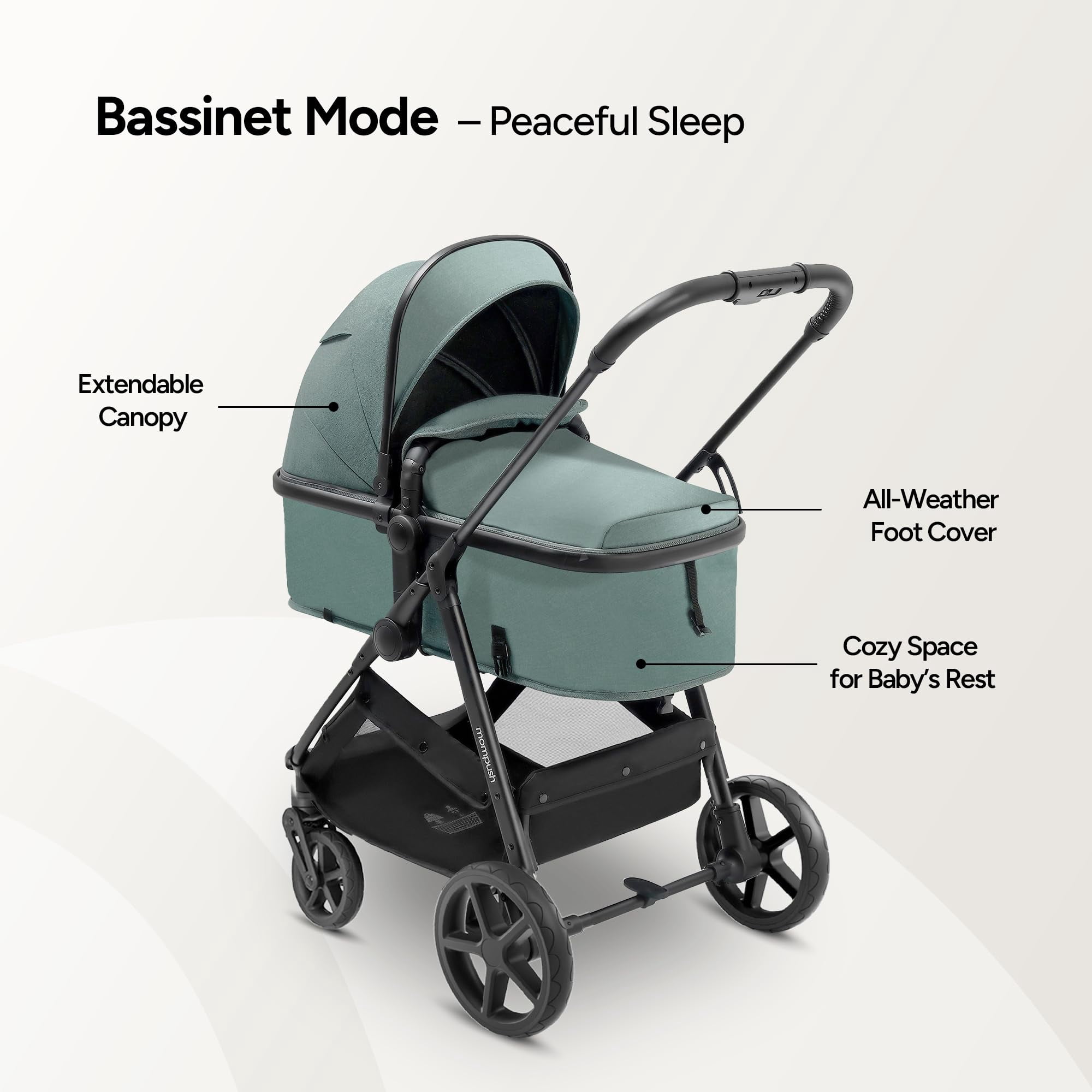 Mompush Wiz 2-in-1 Baby Stroller with Bassinet Mode, Reversible Seat and Large Canopy, Sage, 22.3LB, Unisex
